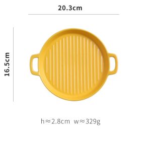 Color: Yellow, style: Large - Binaural Baking Tray Pizza Tray Round Dish Plate Dish Creative Oven Ceramic Net Celebrity Tableware Microwave Flat Plate