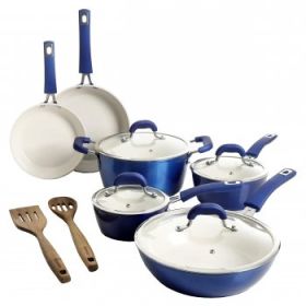 Kenmore Arlington 12 Piece Aluminum Ceramic Coated Nonstick Cookware Set in Metallic Blue